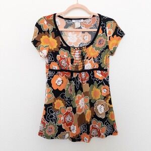 VTG Y2K Womens Babydoll Top Size M Petite Black Orange Floral Retro Indie Boho